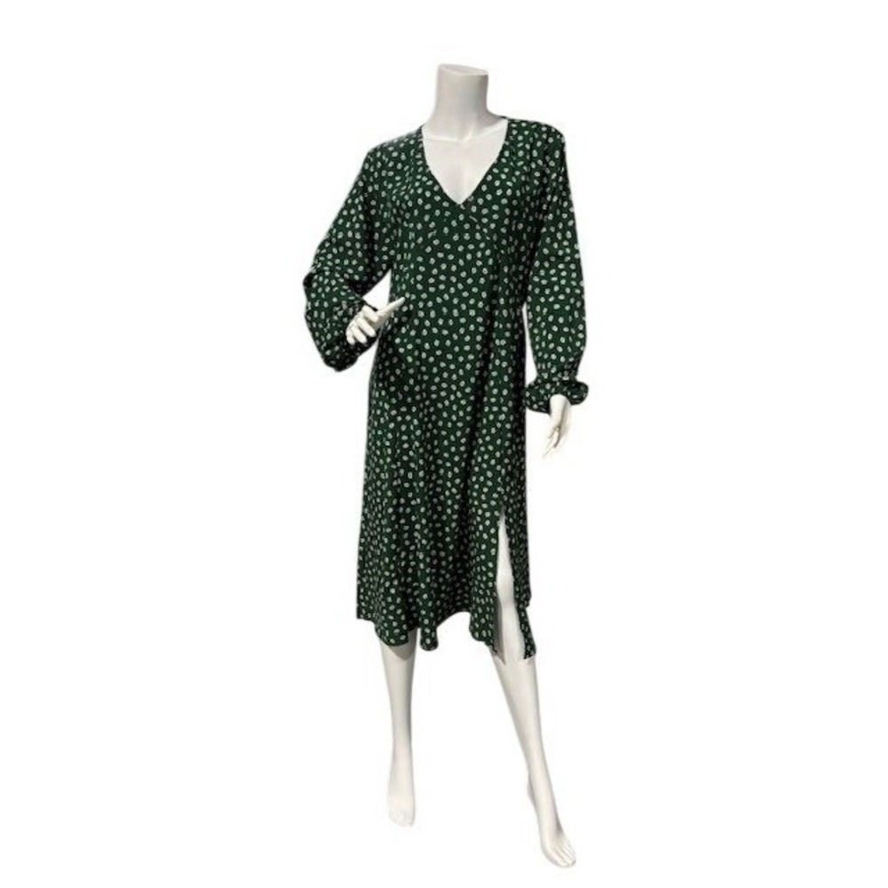 Green‎ Floral V-Neck Midi Dress Long Sleeve Side Slit Casual A-Line Women Small